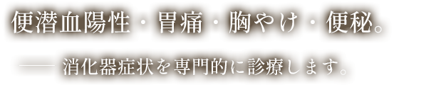 便潜血陽性・胃痛・胸やけ・便秘。消化器症状を専門的に診療します。